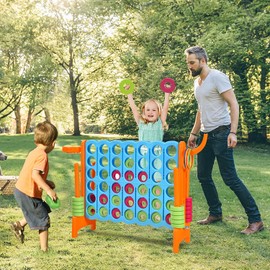 AKUSTIK Giant 4-to-Score Game Set, 4 in A Row Jumbo with Basketball Hoop Ring Toss Holders, 4 in 1 Kids Indoor Outdoor Backyard Games Family Party