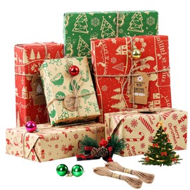 Christmas Wrapping Paper, 12 Sheets 70x50cm Red and Green Recycled Xmas Kraft Paper with 6 Vintage Designs (Bonus 20m Jute String and 10 Gift Tags)