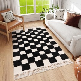 Lahome Checkered Boho Rug for Bedroom, 4x6 Living Room Rug Washable Black and White Area Rug with Tassels, Farmhouse Office Dorm Rug Throw Rugs for Entryways Nursery Decor