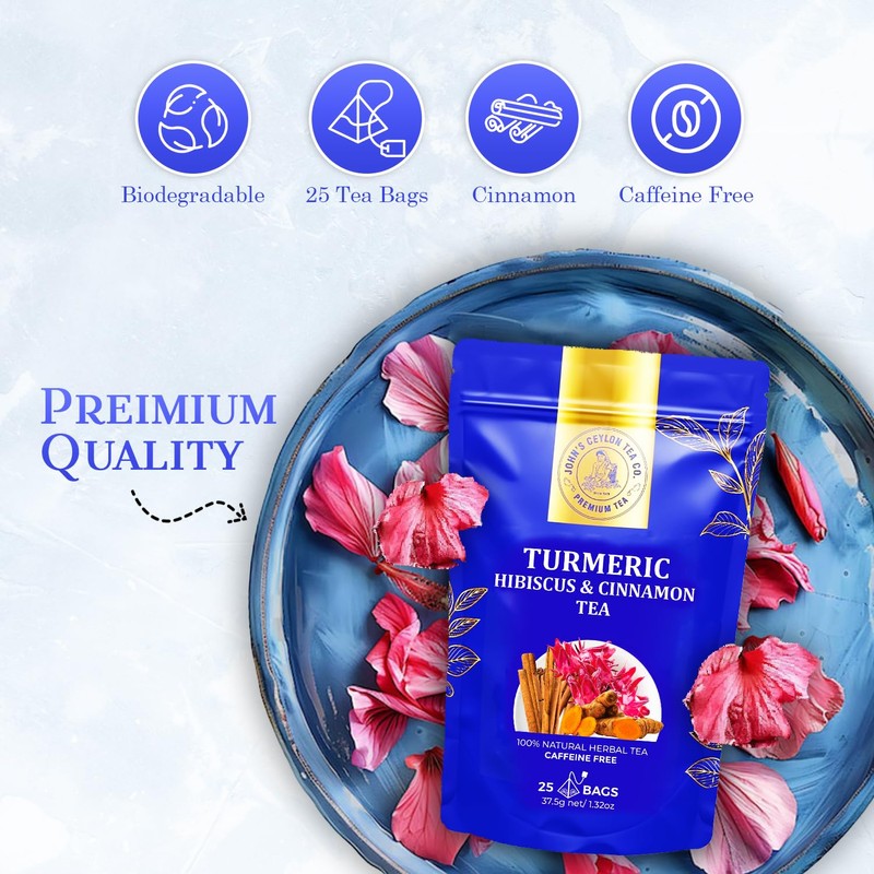 Premium Turmeric, Hibiscus & Cinnamon Blend Herbal Tea Bags, Natural