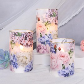 Silverstro Hydrangea Rose Flameless Candles with Remote Control & Timer Function - Real Wax Glass Battery Operated Candles - Home Farmhouse Holiday Summer Decorations - Set of 3