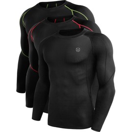 Neleus Men's 3 Pack Compression Workout Long Sleeve Shirts,5030,Black,Red Stripe,Green Stripe,US L,EU XL