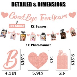 Happy 20th Birthday Decorations for Her - Rose Gold Glitter Goodbye Teen Years Banner and Photo Garland Kit, Funny Farewell Teenage Hello 20 Bday Party Supplies, Pre-strung