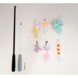 BLUE BAY Two Retractable Cat Teaser Wand Toy with 6 PCS Attachments | Cat Teaser Toys for Indoor Cats Kitten Play Chase Exercise (Black 4-Section Wand + Gray 3-Section Wand)