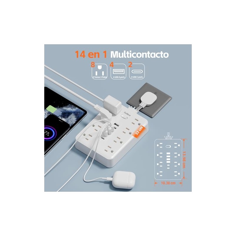 TerHavn Extension electrica Ultra Corta 0.025M y Regleta Multicontacto con