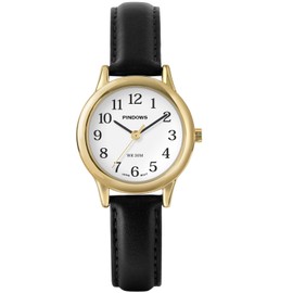 PINDOWS Women's Slim Minimalist Quartz Analog Wrist Watch with Black Leather Strap Gold Tone Case Fashion Elegant Daily Watch, 652N1: Black x Gold Tone, Classic minimalist design