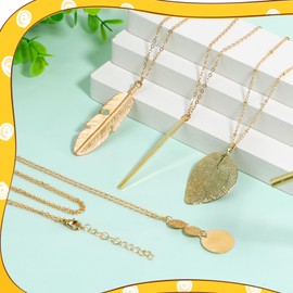 Long Necklaces for Women，4 PCS Boho Style Pendant Necklace Costume Jewellery Golden Bar Feather Circle Leaf Lock Tassel Y Necklace Jewelry Set Simple Statement Necklace for Sweater, Gifts for Girls