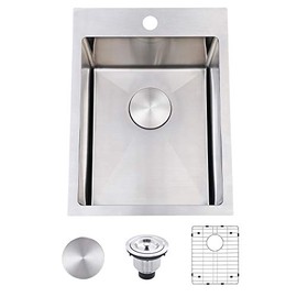 SHACO Commercial 15"x 20" Inch 18 Gauge Drop In Single Bowl Basin Handmade SUS304 Stainless Steel Topmount Kitchen Sink,Modern Prep Brushed Nickel Bar Sink With Accessories