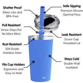 CUPKIN Toddler Tumblers, The Original 12 oz Stackable Stainless Steel Cups, Set of 2 Powder Coated Insulated Kids Water Bottle Alternative & BPA Free Lids + Reusable Silicone Straws (Blue + Gray)