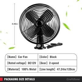 12V Fan RV|Truck Cooling Heavy Duty 8" Metal Car Fan Bus|Boat|Forklift|Car|Camper|Lawn|Mower|Tractor 2-Speed Silver