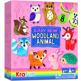 KRAFUN Easy Sewing Kit for Beginner Kids Arts & Crafts, 8 Easy DIY Projects of Stuffed Animal Dolls of Woodland Animals, Bear, Bunny, Fox, Owl, Instructions & Felt, Gift for Girls, Boys, Learn to Sew