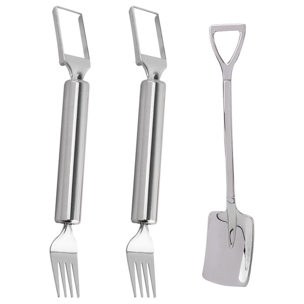 2 in 1 Watermelon Fork Slicer, Melon Cutter with Shovel Shape Spoon Slicer Watermelon Fork Cutter Set Quickly for Kitchen Parties(2 Fork Cutter+1 Spoon)-Silver