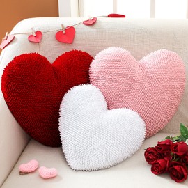 Wonderjune 3 Pcs Valentine's Day Heart Shaped Pillows Cute Heart Shaped Throw Pillow Plush Soft Velvet Red Pink White Heart Pillows for Valentine Party Friends Children Gift Living Room/Dining Room