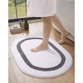 LUMI Oval Bathroom Rug, White Bath Mat Non Slip,Premium Super Water Absorbent Bathroom Mats,Ultra Soft,Machine Washable Bath Rugs for Bathroom,Bathtub,Bedroom,24"x36",White and Grey