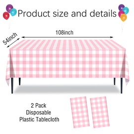 CXSAZRY 2 Packs Pink Gingham Tablecloth Pink and White Checkered Tablecloths 54 x 108 Inches Disposable Plastic Gingham Tablecovers for Parties, Wedding, Outdoor Picnic, Birthday, Camping