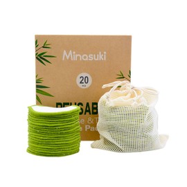 Minasuki 20 Pack Reusable Makeup Remover Pads - Bamboo Reusable Cotton Rounds for Toner, Washable Pads for All Skin Types with Cotton Bag