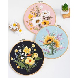 Santune 3 Pack Flower Embroidery Kit for Beginners Adults Cross Stitch Kits for Beginners Hand Embroidery with Plant Patterns and Instructions DIY Kits for Adults with Hoops,Threads and Needles