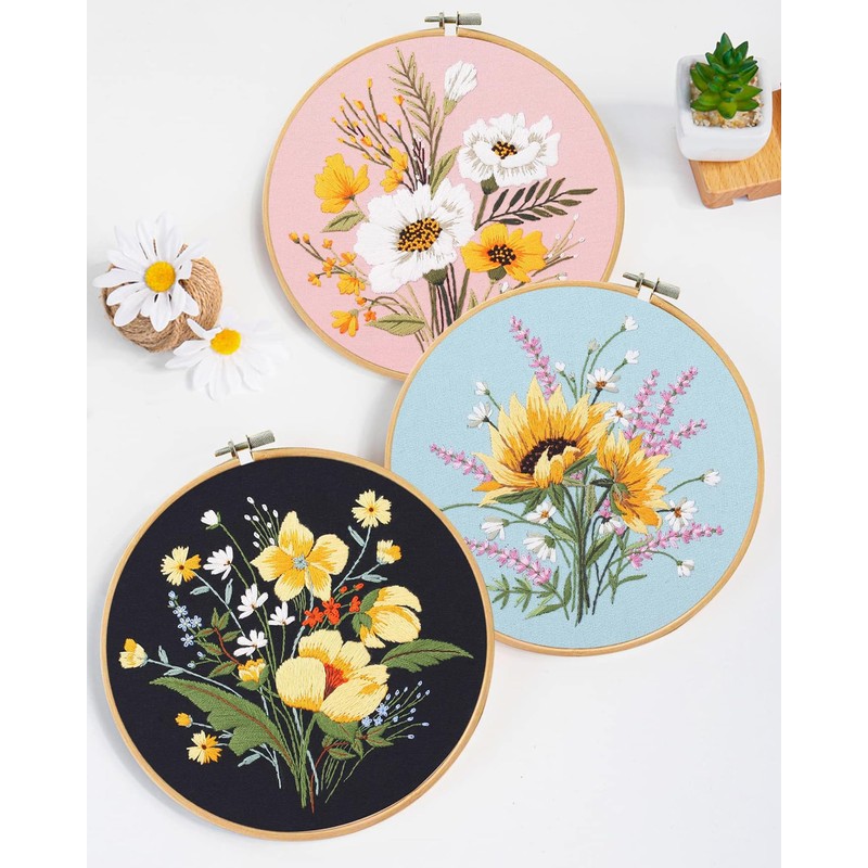 Santune 3 Pack Flower Embroidery Kit for Beginners Adults Cross