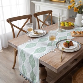 HOMMES 72inches Long Table Runners with Tassels,Cream & Green Leaves Embroidery Exquisite Dresser Runners for Bedroom, Coffee Table, Kitchen,TV Stand,Bohemian Home Decor,No Wrinkles and No Ironing