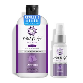 Mist N' Go by OMAZE Bathroom Odor Spray for Toilet Spray Refill Bottle - Multitasking Toilet Spray - Bathroom Spray Odor Eliminator for Strong Odors | Lavender, 16oz + 2oz