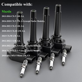 4Pcs Ignition Coil Pack & Spark Plugs Fit for Mazda 13-20 CX-5, 16-21 CX-3, 20-23 CX-30, 23 CX-50 2.5L L4, 16-22 MX-5 Miata Replace# UF656 PE0118100 PE0118100A PE2018100 PE2018100A UF805 93501