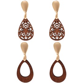 Wovanoo Natural Wood Earrings 2 Pairs Wooden Teardrop Earrings Bohemian Dangle Earrings Teardrop Brown