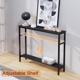 Timberer Narrow Console Table, 39.4” Sofa Table with Adjustable Shelf, 2-Tier Long Skinny Table for Hallway, Entryway, Living Room, Foyer, Black