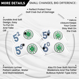 Golf Iron Wedge Head Covers 52° 54° 56° 60° 1 or 4 Pack, Synthetic Leather Clover USA Flag Design Club Head Protection, Universal Headcover Fit Iron Clubs for Men Women (White Cover-4 Pack)