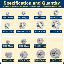 Hmevsafinect 285 PCS SAE Hex Nuts & Locknuts Assortment Kit,Include 4-40,6-32,8-32，10-24,1/4"-20,5/16"-18,3/8"-16,1/2"-13 Hardware Nuts Sets,304 Stainless Steel.