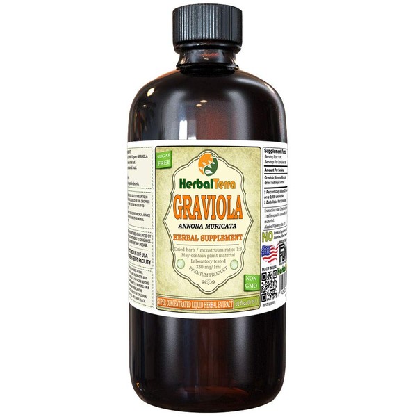 Graviola (Annona Muricata) Tincture, Organic Dried Leaves Liquid Extract (Brand Name: HerbalTerra, Proudly Made in USA) 32 fl.oz (0.95 l)