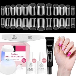 Beetles Gel Nail Kit with Nail Dehydrator and Primer, 576Pcs Half Matte Etch-X Gel Nail Tips Solid Nail Glue Mini Nail Lamp Acrylic Nail Tips Easy DIY Nail Extension Set Gift for Women - Color: Square Short 576pcs(Etch-X Nail Kit)