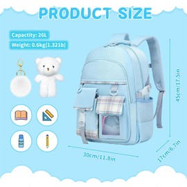 Flyhapi Cute Blue Backpack with Cartoon Doll and Plush Pendant, Aesthetic Kawaii Backpacks for Girls, Fashion BookBag for School