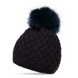 Caspar MU177 Women's Winter Knitted Hat Bobble Hat with Large Fur Bobble, darkblue