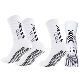 Garegce 2 Pair Football Grip Socks Non Slip with Rubber Pads, Gain the Edge Grip Soccer Socks for Men and Women Basketball Hiking Running, White - Arrow Style