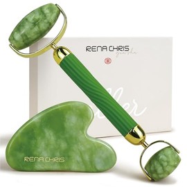 Rena Chris Gua Sha and Face Roller Set: Anti-Breakage Jade Roller for Long-Lasting Use, Jawline Sculpting and Puffiness Reducing, Gua Sha Facial Tools