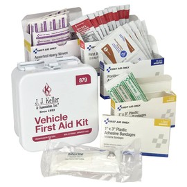 Truck First Aid Kit with Heavy-Duty Steel Travel Case - 4.5" x 4.5" x 2.375" - J. J. Keller & Associates - Includes Necessary First Aid Supplies - Antibiotic Ointment, Bandaids, Iodine Swabs & More
