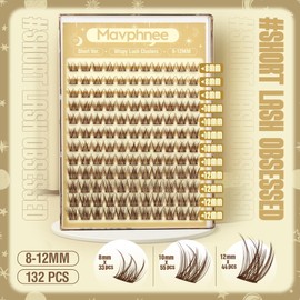 Brown Lash Clusters Short 8MM 10MM 12MM Eyelash Extensions Natural Cluster Lashes Individual Wispy Eyelash Clusters C-Curly Dark Brown Fluffy Eye Lashes Clusters Pack 132Pcs
