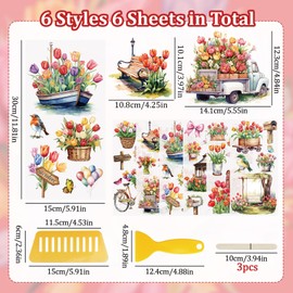WANDIC 6 Pcs Tulips Rub On Transfer Sticker,Spring Scenery Stickers Flower Decals for Present Packaging DIY Scrapbooking Photo Albums Furniture,15 * 30cm