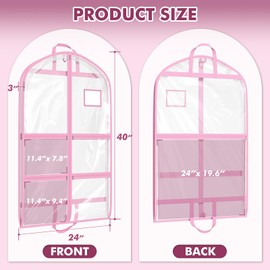 Furnhome Dance Costume Garment Bag, 40" Clear Waterproof Hanging Clothes Bag with 4M + 1L Zipper Pockets & Label Pocket for Dance Competitions, Travel, Closet Storage,Pink | 4 Pack