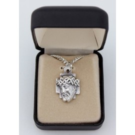 Fine Oxidized Silver Tone 1" Sorrowful Crown of Thorns Head of Jesus Christ on Cross Medal on genuine rhodium-plated 24-inch Chain with Gift Box (ECCE HOMO SO8432)