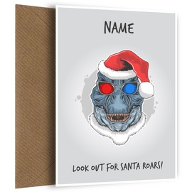 Funny Dinosaur Christmas Card for Kids - Santa Roars. A Fun card for a boy or girl like son, daughter, grandson, granddaughter. Send Christmas wishes and greetings