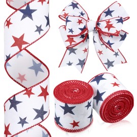 2 Rolls Stars Wired Edge Ribbon 4th of July Red White Blue Ribbon Independence Day Flag Day Decorations for Wreaths 2.5 Inch Patriotic Fabric Ribbons for DIY Independence Party Decorations, 20 Yards