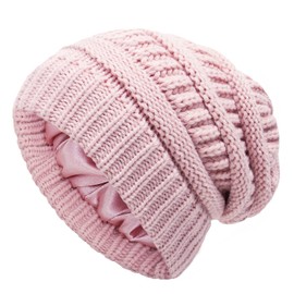 CICITOYWO Winter Beanie Hat for Women, Hair Protection Hat Cable Knit Soft Beanies Cap Satin Lined Thick Acrylic Beanie Warm Slouchy Hat Snow Skiing Hats(Pink)
