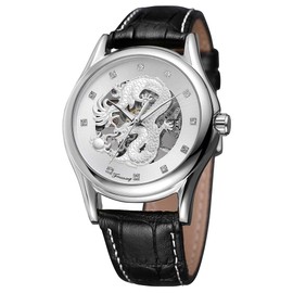 MASTOP Watches Mens Luxury Leather Men Automatic Mechanical Watch Dragon Collection Gold Skeleton Wrist Watch, Black silver, Mechanical