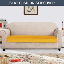 Stretch Cushion Cover, Soft Velvet Plush Cushion Slipcovers Loveseat Sofa Covers Couch Seat Covers Furniture Protector with Elastic Bottom (Large, Gold)