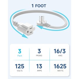 Flat Plug 1 Ft Short Extension Cord 3-Pack White 16AWG 13A 1625W
