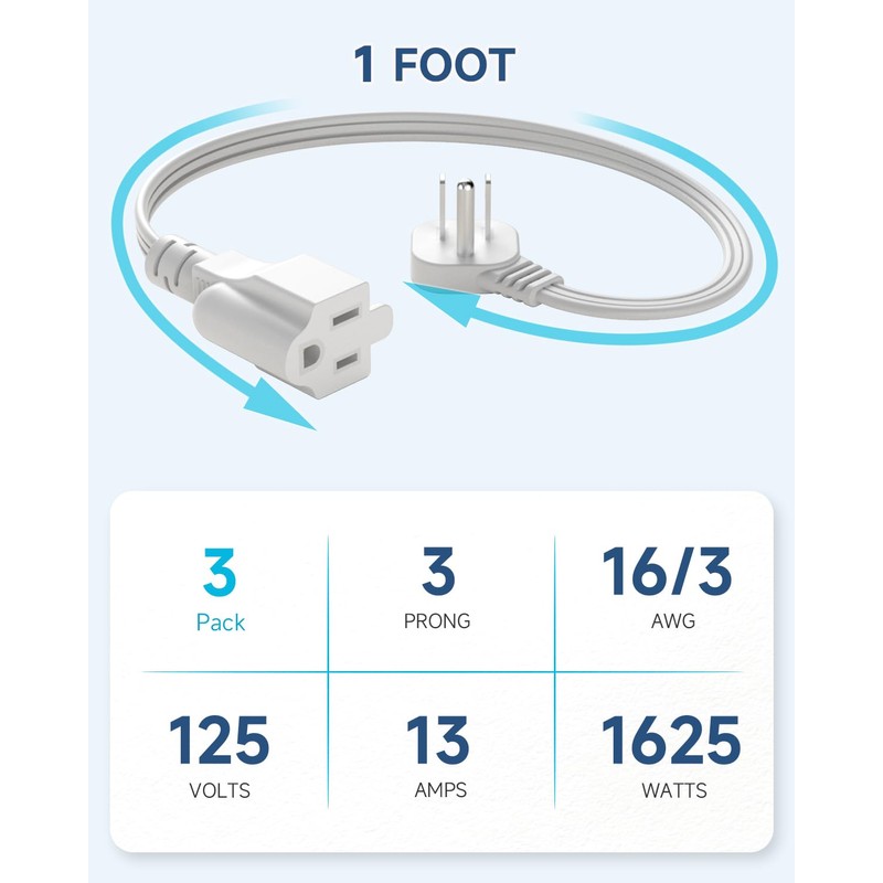 Flat Plug 1 Ft Short Extension Cord 3-Pack White 16AWG