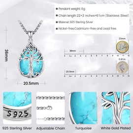 Eusense Baum des Lebens Halskette 925 Sterling Silber Türkis Anhänger Kette Keepsake Schmuck Geschenke für Frauen Mädchen