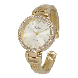 Blekon Original Mother of Pearl Cuff Bracelet Watch for Women with 31mm case Japanese Quartz Movement Metal hinged Bangle Style Cuff Wrist Watch for Ladies… (Gold w/Rhinestones)