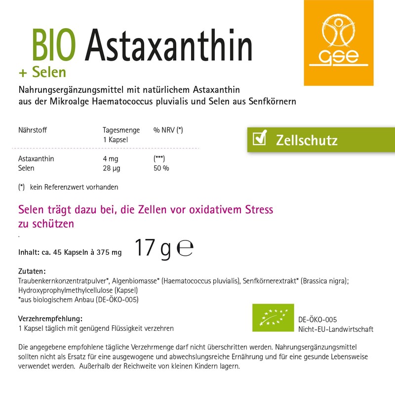 GSE Astaxanthin + Selenium Capsules, from Blood Rain Algae (Microalga),